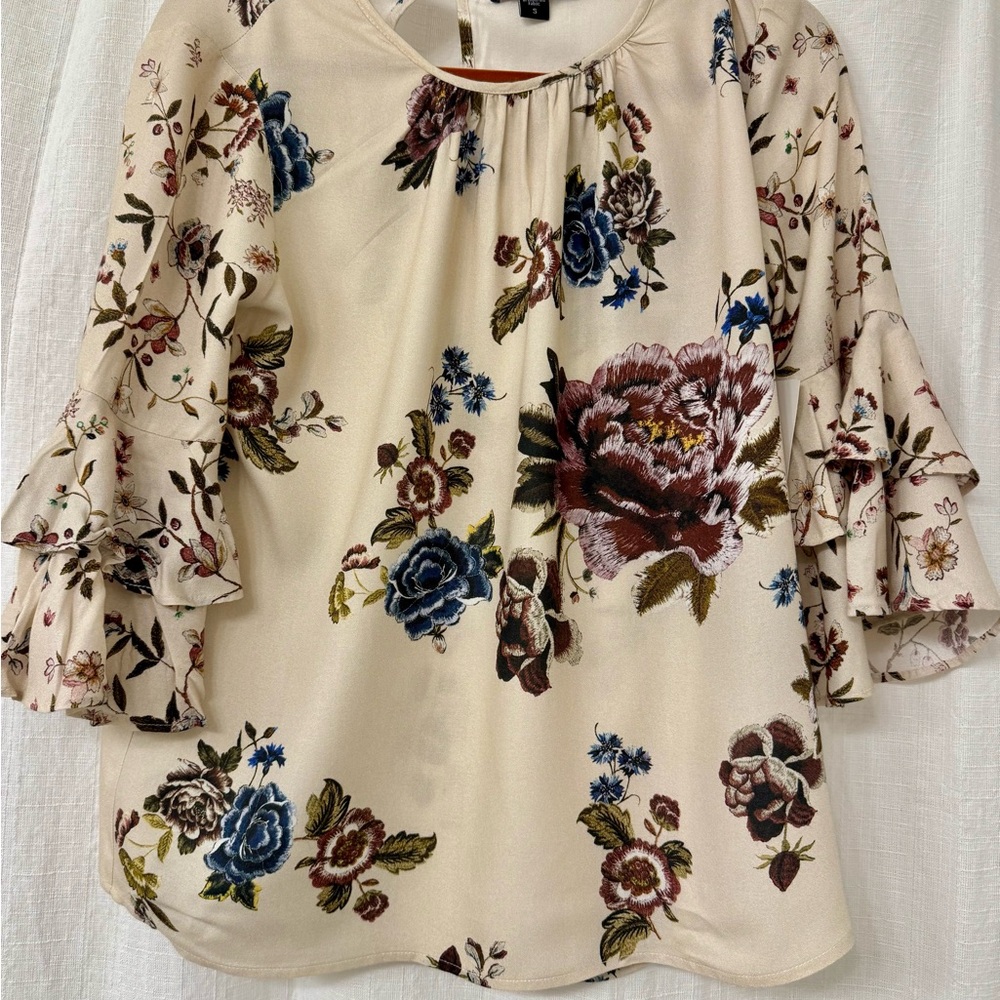 Karen Kane Cream and Blue Floral Blouse